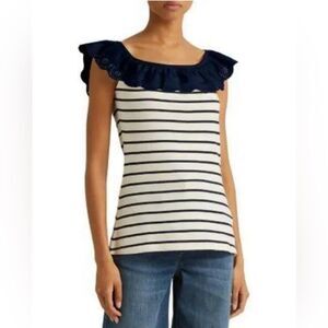 Lauren Ralph Lauren Striped Eyelet Ruffle Top, Cap Sleeve Round Neck Size XL NWT